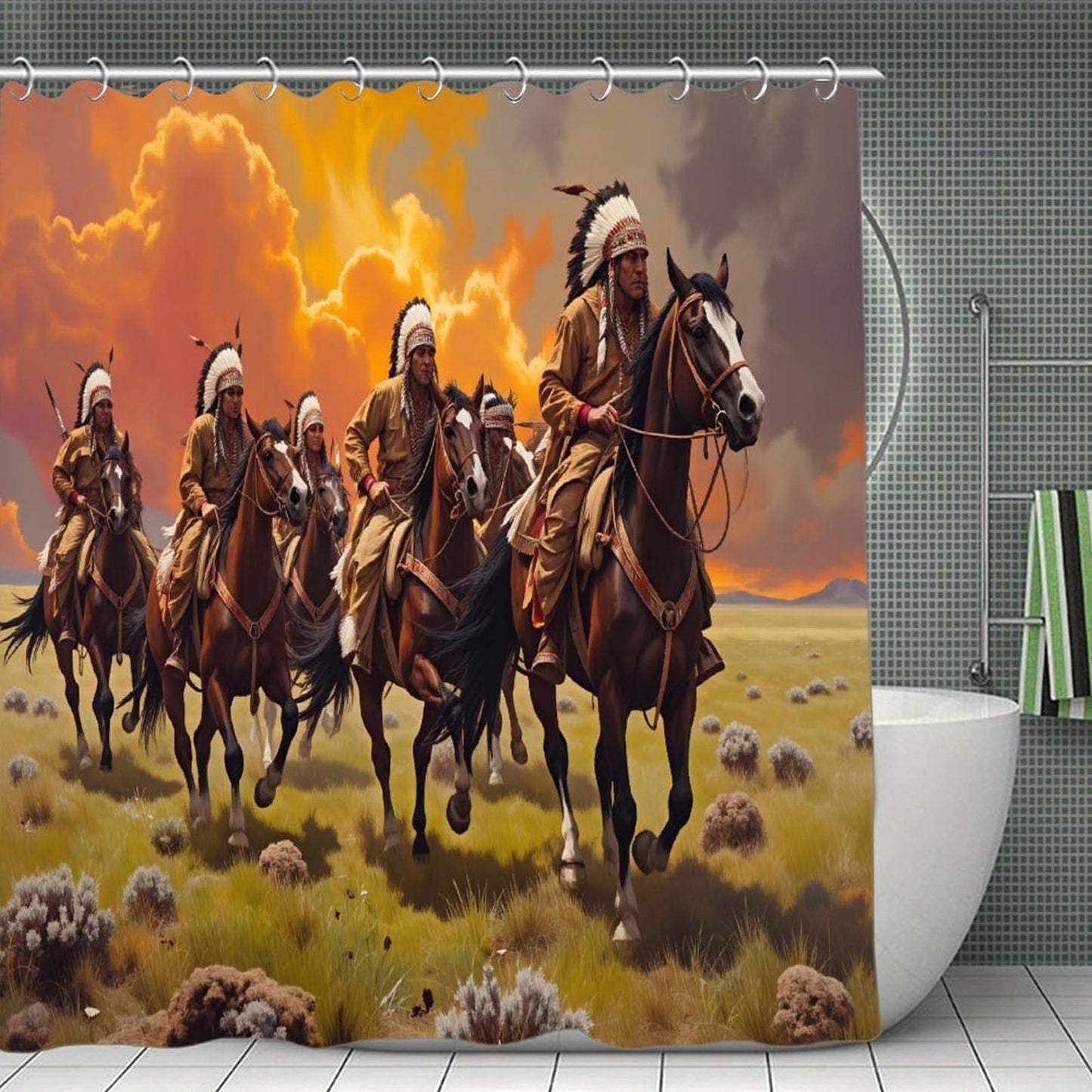 DGOGNFDNG Native American Horseback Riders Shower Curtain 71x71 Inches Waterproof and Bright Fabric Shower Curtains Bathroom Toilet Accessories Decor