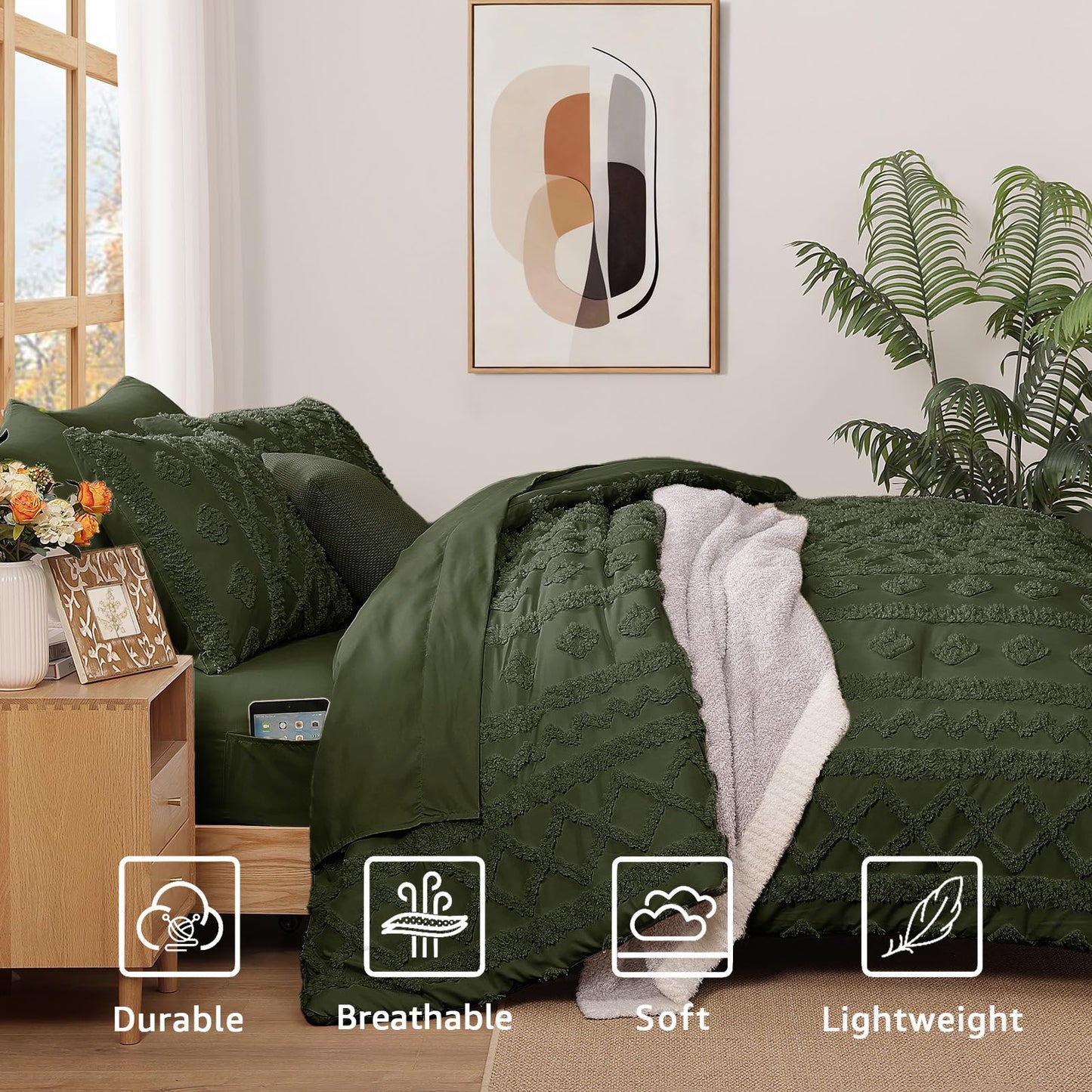 WRENSONGE Queen Size Comforter Set with Sheets - 7 Pieces Dark Green Tufted Bed in a Bag Queen Shabby Chic Bedding Sets with 1 Comforter, 2 Sheets, 2 Pillowcases & 2 Shams