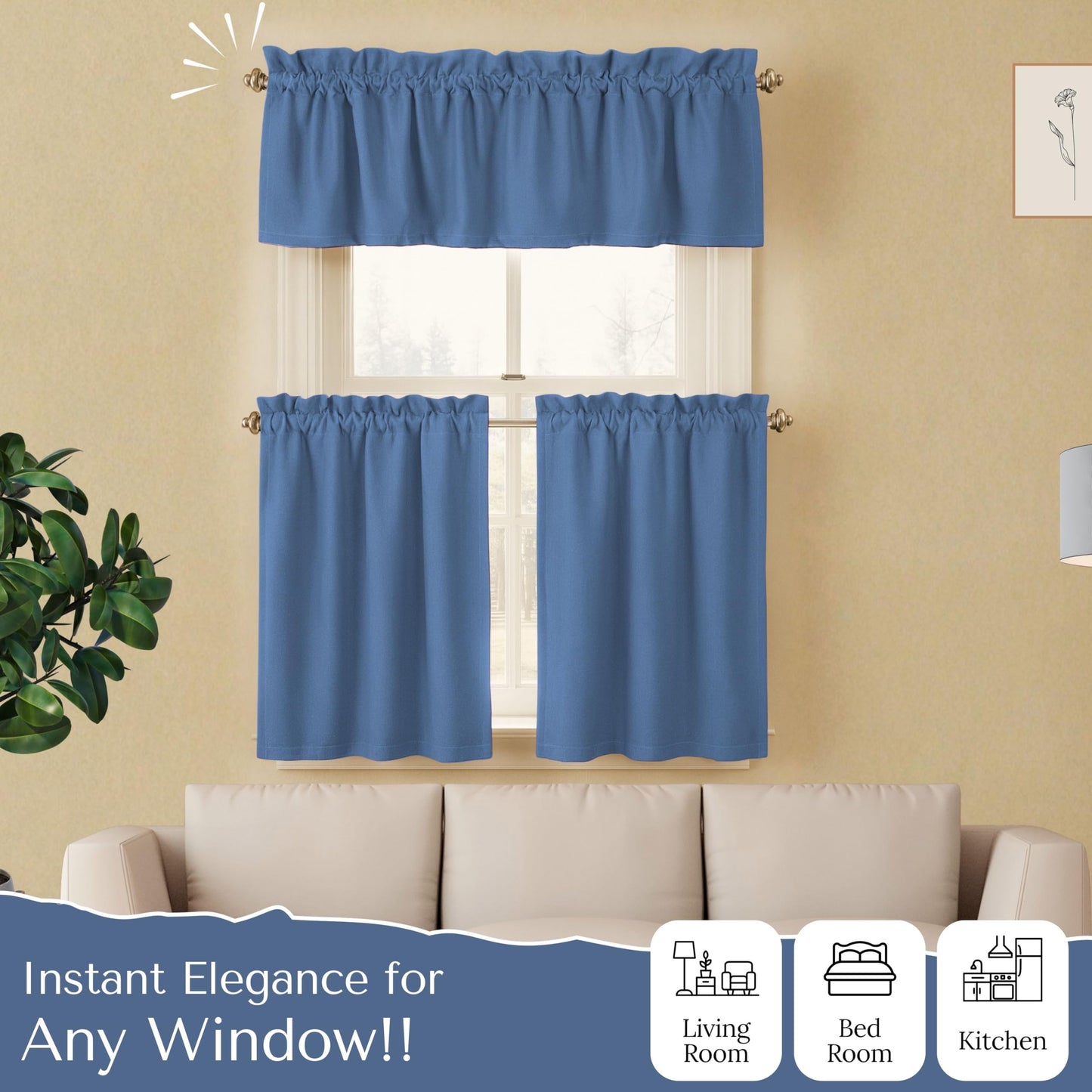 Native Fab 3 Piece Window Curtain Tiers 26"x36" and Valance 54"x18" Set - Rod Pocket - Semi Sheer - Short Curtain for Kitchen, Cafe, Living Room - Sky Blue