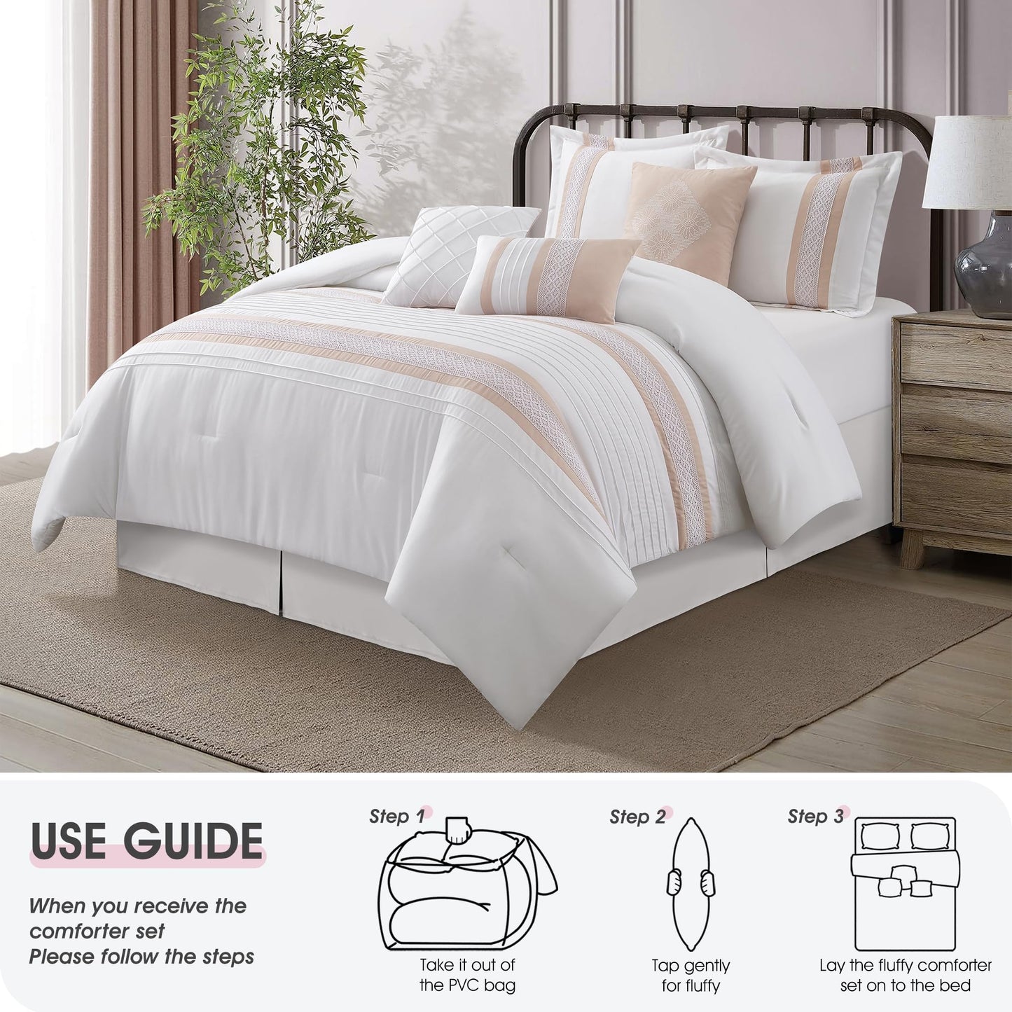 LANCO MODERN LIFESTYLE 7 Piece Comforter Set, Pink White, Queen Size, Boho Style Geometric Microfiber Embroidery, Bed in a Bag with Bedskirt, Pillow Shams and Decor Pillows
