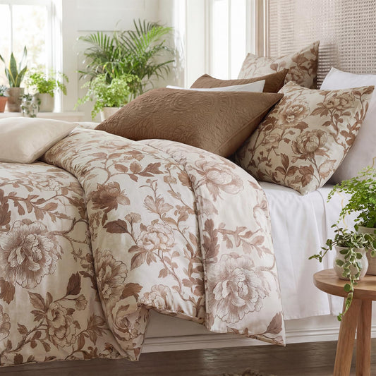 Bedorm Vintage Floral Duvet Cover Queen 100% Cotton Bedding Set Brown Floral Leaf Botanical Print 3 Pcs Soft & Breathable Duvet Cover Set with Zipper Cornet and Corner Ties
