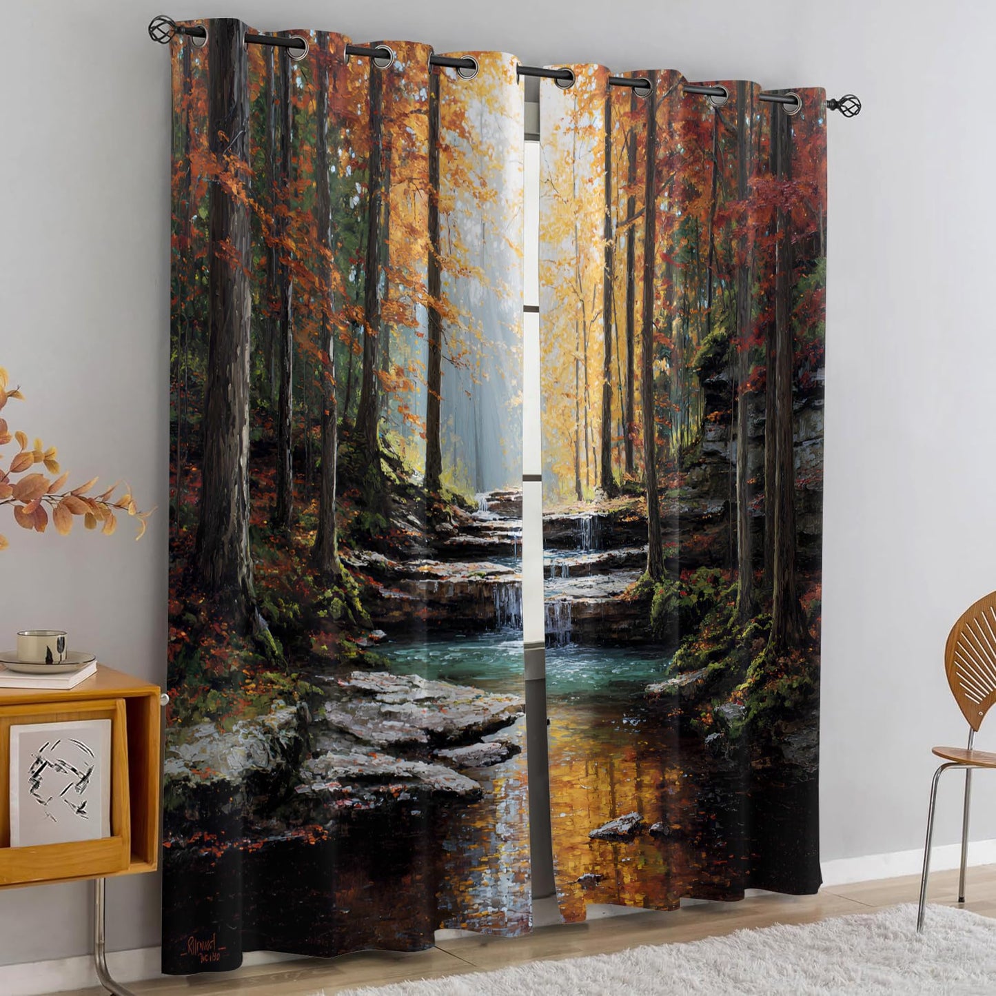 JAXIUOF Autumn Curtains for Living Room, Forest Blackout Curtains 63 Inch Long 2 Panels Woodland Window Drapes for Bedroom, Grommet Top Window Treatments for Kids Bedroom Home Decor