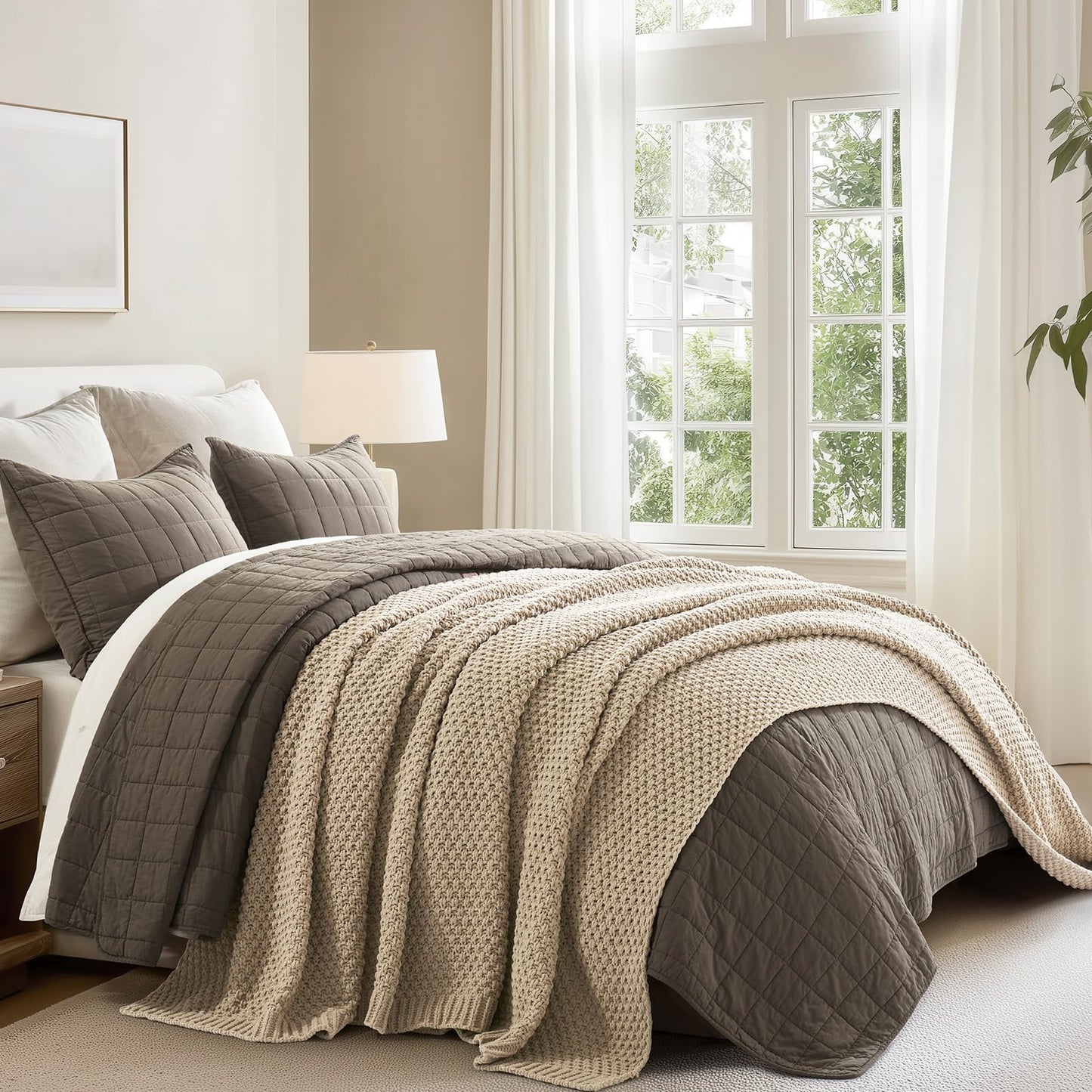 EVERGRACEHOME Chunky Chenille Knit Throw Blanket for Couch, Soft Luxurious Oversized Queen Moss Stitch Blanket for Bed, Cozy Farmhouse Knitted Throw for Sofa, Sand Dune, 90" x 90"