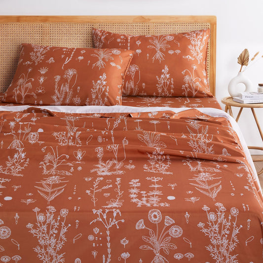Wake In Cloud - Floral Bed Sheets, 4-Piece Sheet Set, Cute Botanical Shabby Chic Coquette Cottagecore Flower Pattern Printed Bedding, Deep Pocket, Terracotta Orange, King Size