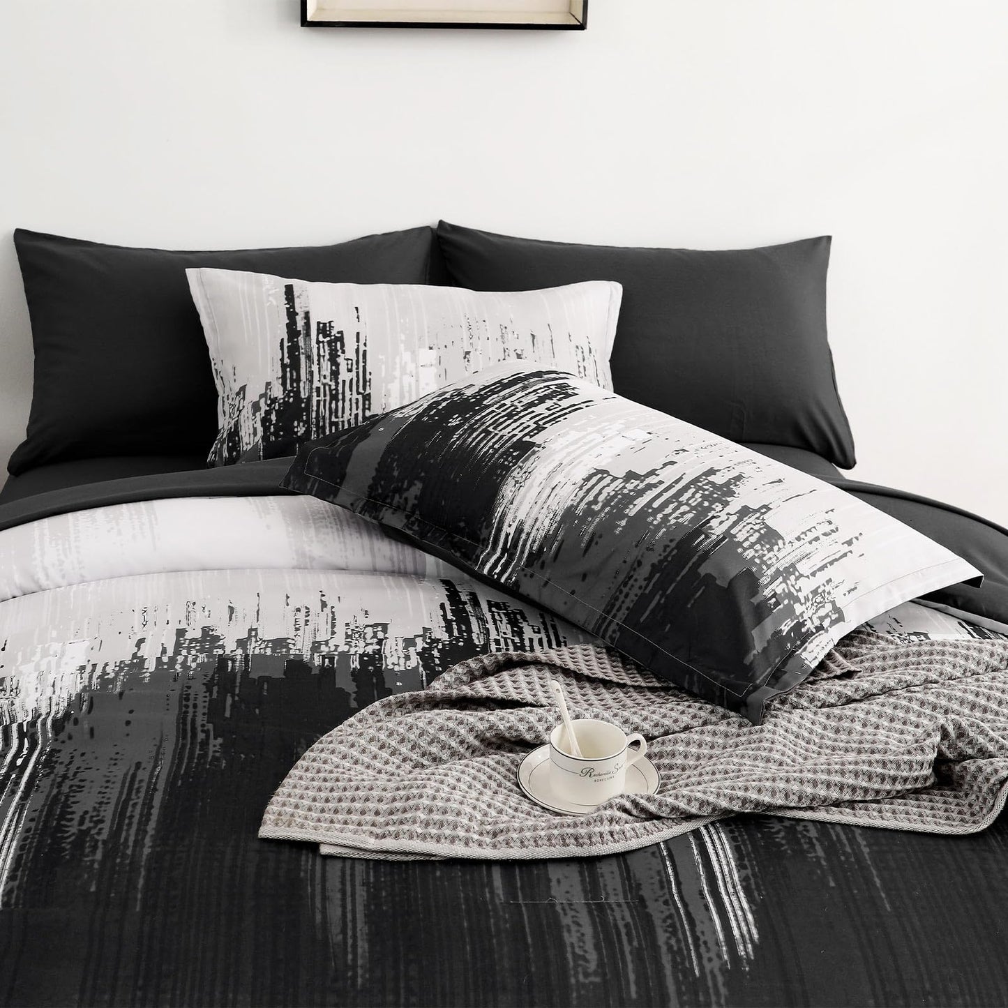 WONGS BEDDING Comforter Set Queen,Black Grey 7 Pieces Bed in a Bag Colorful Abstract Art Gradient Comforter Soft Microfiber Bedding Set with Comforter,Flat Sheet,Fitted Sheet,Pillow Shams,Pillowcases