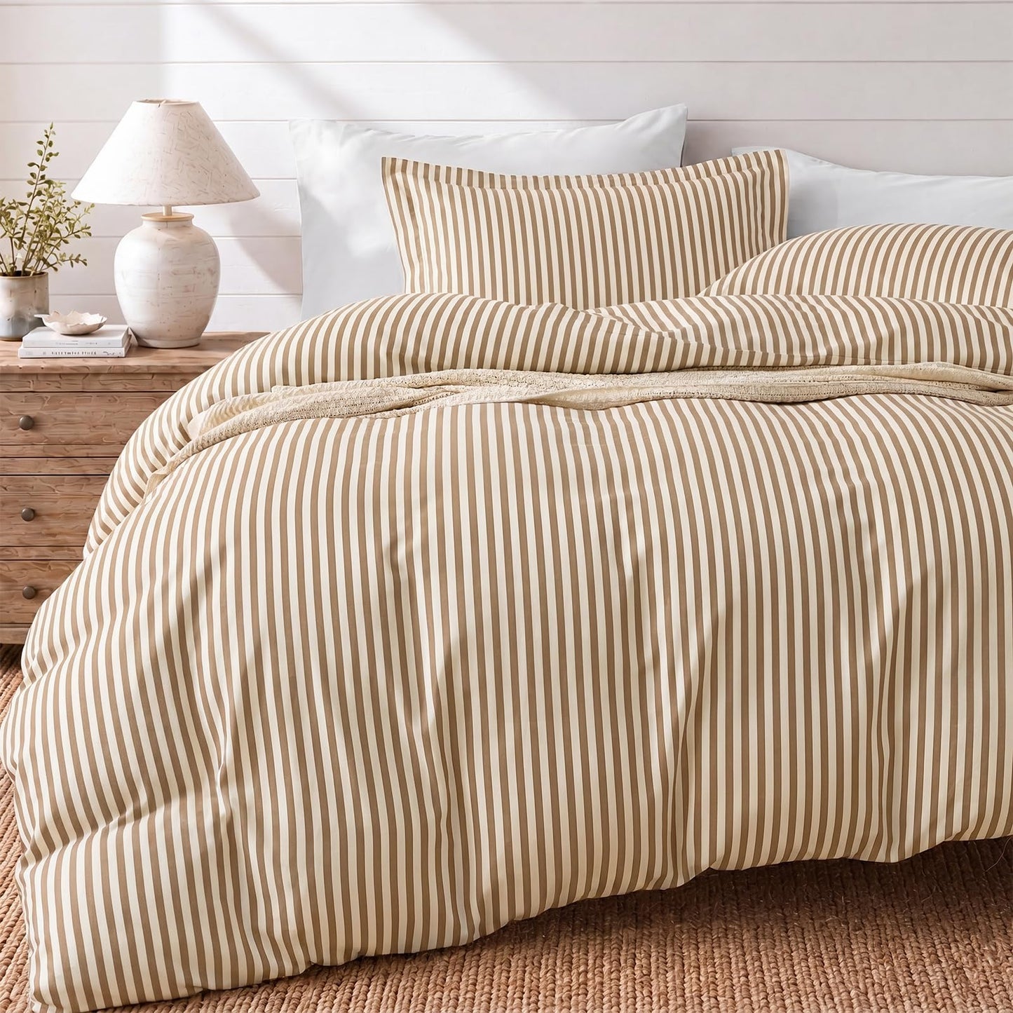 JOLLYVOGUE Striped Duvet Cover Queen, Duvet Cover Set with Khaki Stripes
