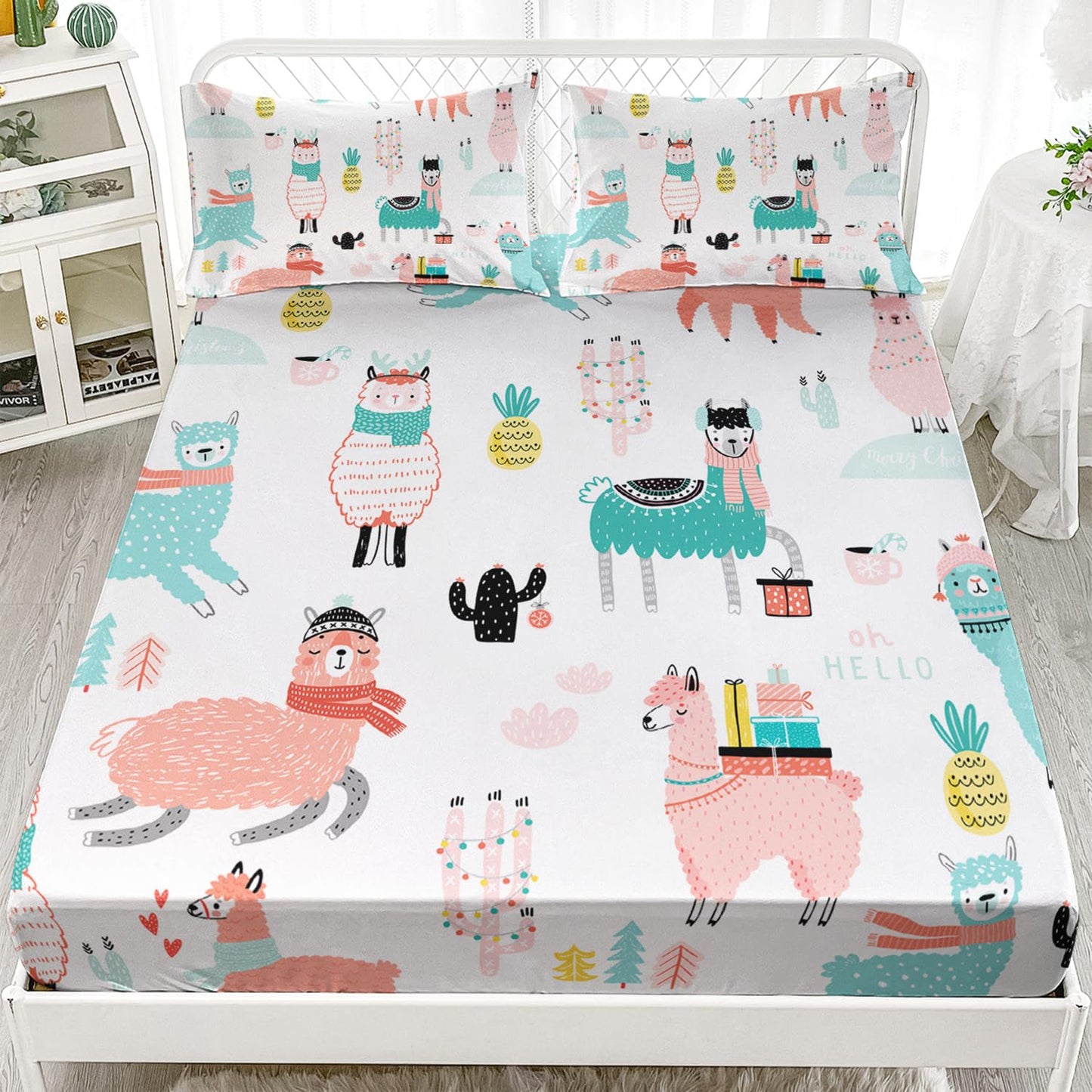 AILONEN Cute Llama Fitted Sheet Twin Size, Alpaca Cactus Print Bed Sheet Set,Cartoon Llama Alpaca Sheets Set,Lovely Tropical Animals Theme Bedsheet Set 3 Pieces,1 Fitted Sheet and 2 Pillowcases
