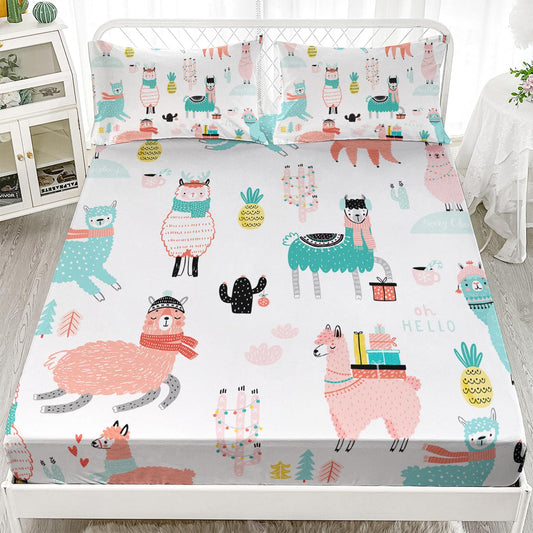 AILONEN Cute Llama Fitted Sheet Twin Size, Alpaca Cactus Print Bed Sheet Set,Cartoon Llama Alpaca Sheets Set,Lovely Tropical Animals Theme Bedsheet Set 3 Pieces,1 Fitted Sheet and 2 Pillowcases
