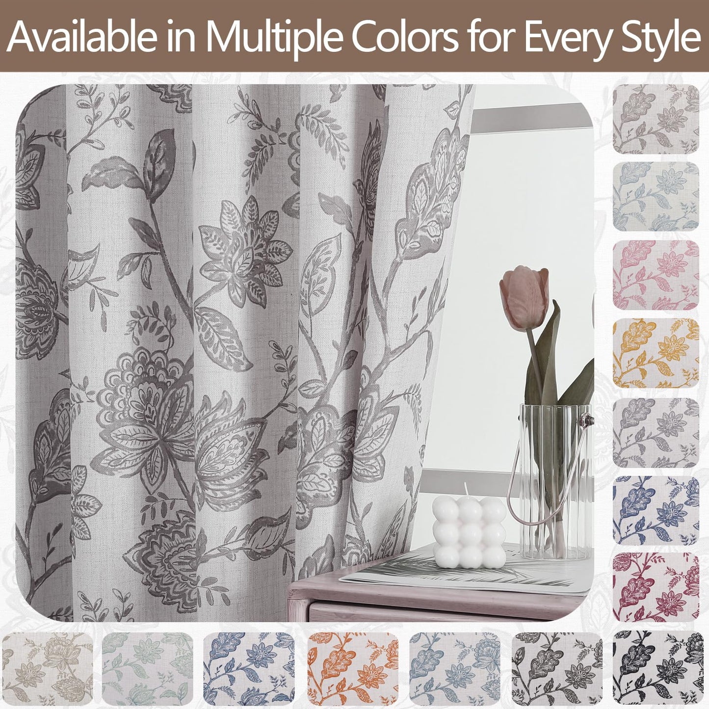 Ebesto Floral Curtains 63 Inch Length - Light Filtering Faux Linen Flower Printed Window Curtains for Bedroom, Rod Pocket No-See Through Privacy Drapes, 2 Panels, Each 40Wx63L Inches, Grey