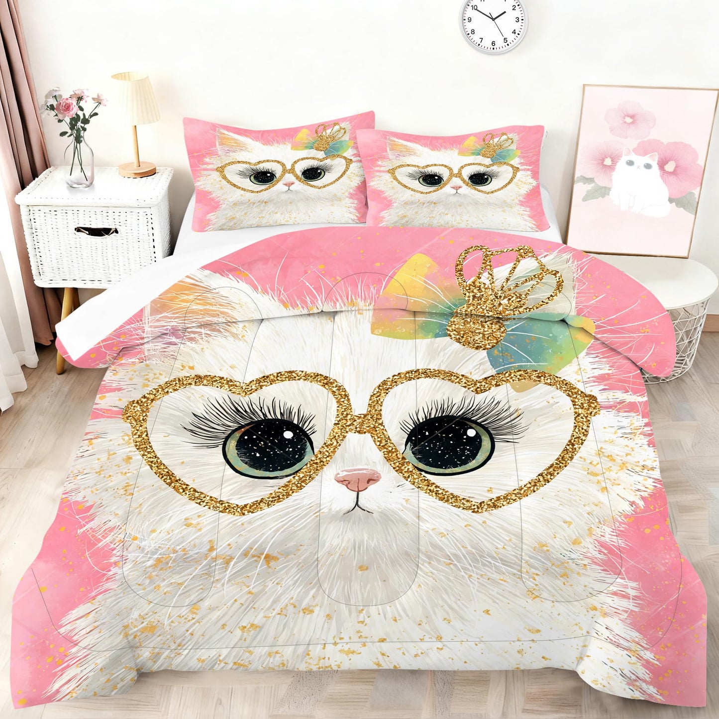 VTKON Cute White Cat Bedding Set Twin Size Pink Glitter Heart Glasses & Rainbow Bow Comforter Set Kawaii Cat Print Bed Set for Girls Bedroom Kitten Toddler Quilt Set with 1 Comforter + 1 Pillowcase