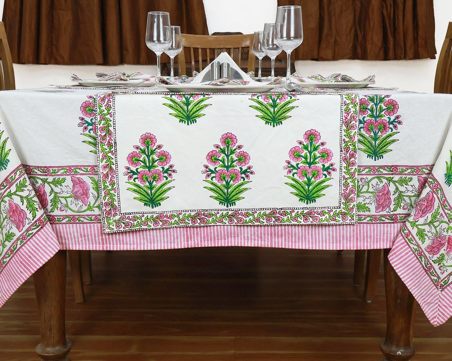 60x60 Inches Square Hand Block Printed Cotton Tablecloth, White Pink Floral Table Cloths Washable, Indian Table Linen for Christmas Thanksgiving Gifts Home Decor Dining Outdoor