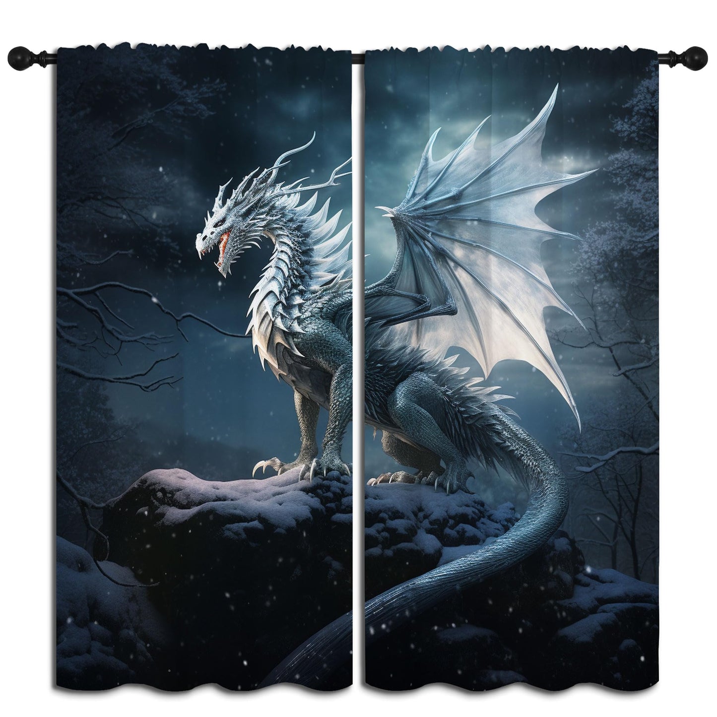 PYMATYTN Dragon Blackout Curtains for Boys Girl Bedroom Decor,Fantasy Creature Snowflake Forest Thermal Insulated Rod Pocket Drapes Darkening Window Curtain for Living Room Home 55x63 inch