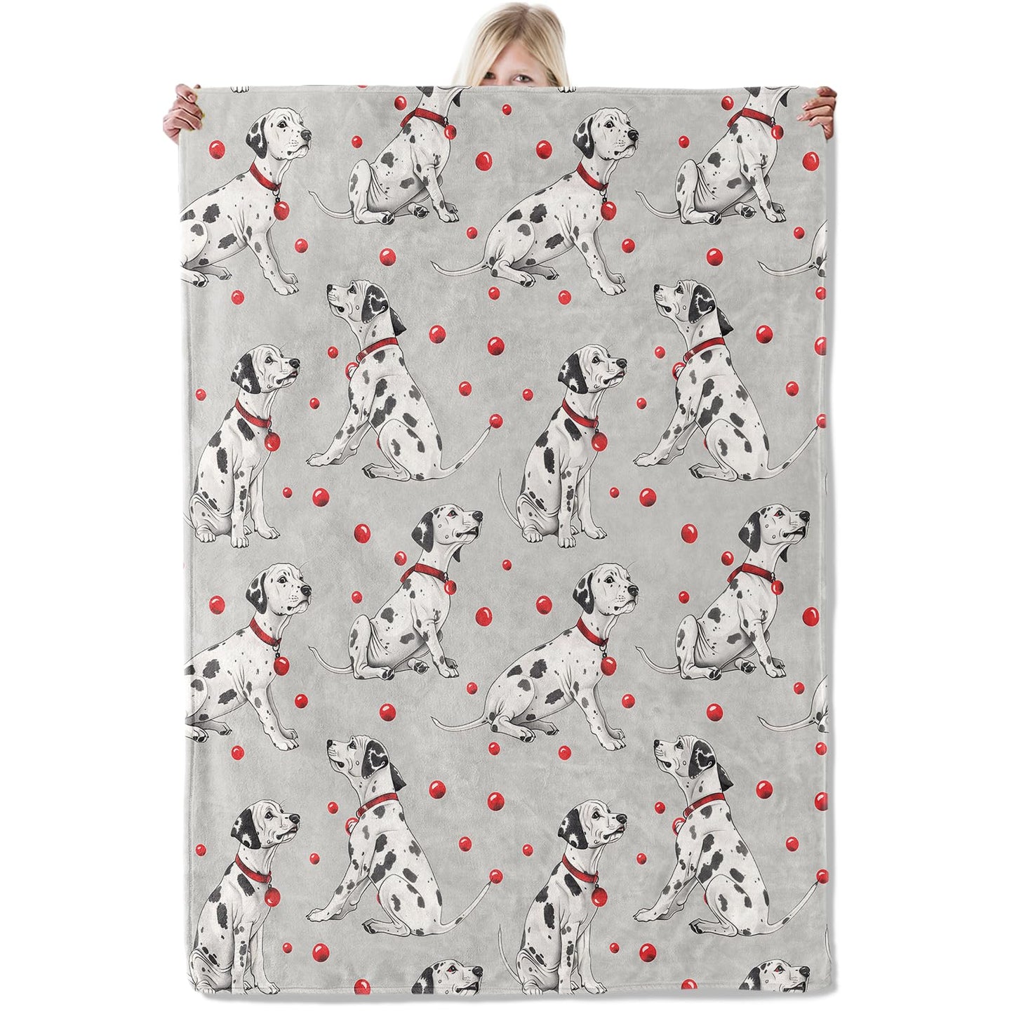 ICAAV Dalmatian Dog Blanket 50×60 Inch,Cute Cartoon Puppy Lightweight Flannel Throw with Red Collar and Polka Dot Ball Design, Soft Animal Lover Decor,Gifts for Girls,Women,Kids