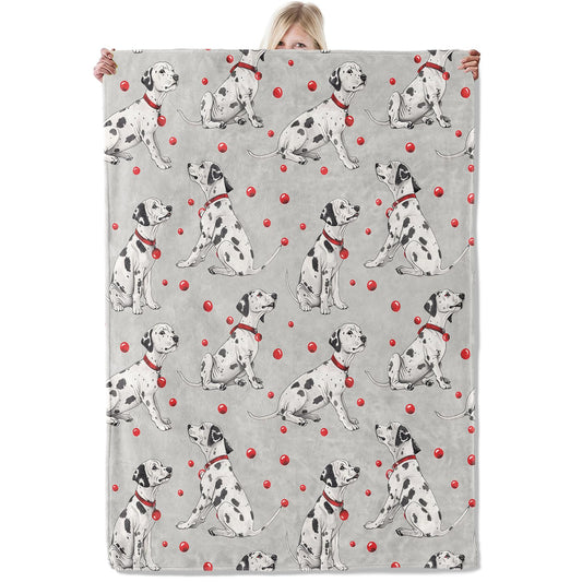 ICAAV Dalmatian Dog Blanket 50×60 Inch,Cute Cartoon Puppy Lightweight Flannel Throw with Red Collar and Polka Dot Ball Design, Soft Animal Lover Decor,Gifts for Girls,Women,Kids