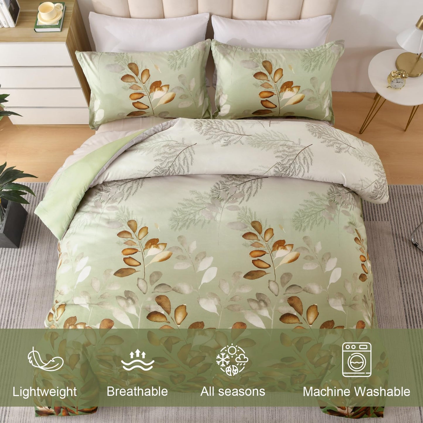 DJY King Size Comforter Set, Green Brown Botanical Leaves Comforter Set King, 3 Pieces Reversible Brown Floral Bed Comforter Sets Soft Microfiber Bedding Comforter Set for All Season (104"x90")