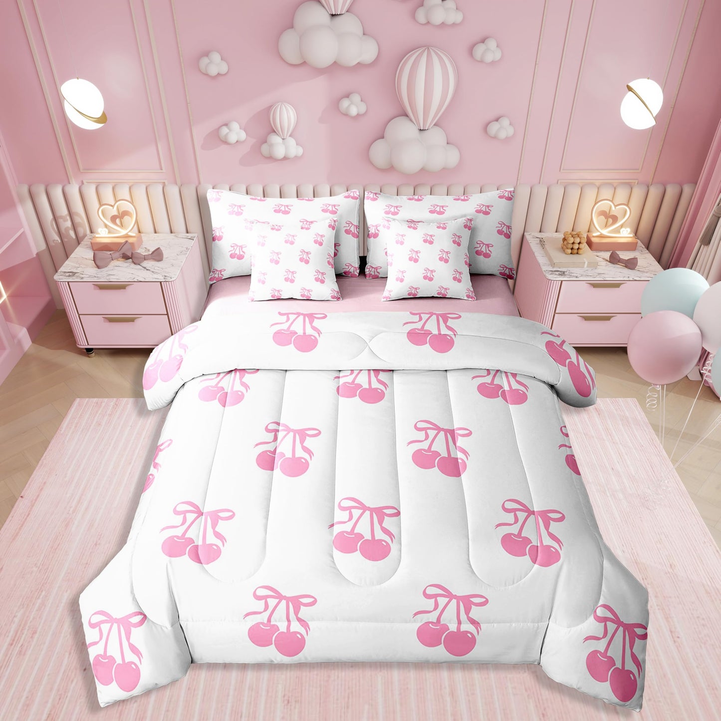 Erosebridal 7 Piece Pink Bowknot Kids Comforter Set King Bed in a Bag,Dreamy Princess Style Bedding Set for Girls Women Girlfriend,Girly Cherry Bows Sheet Set,Cartoon Bow Tie Duvet Insert