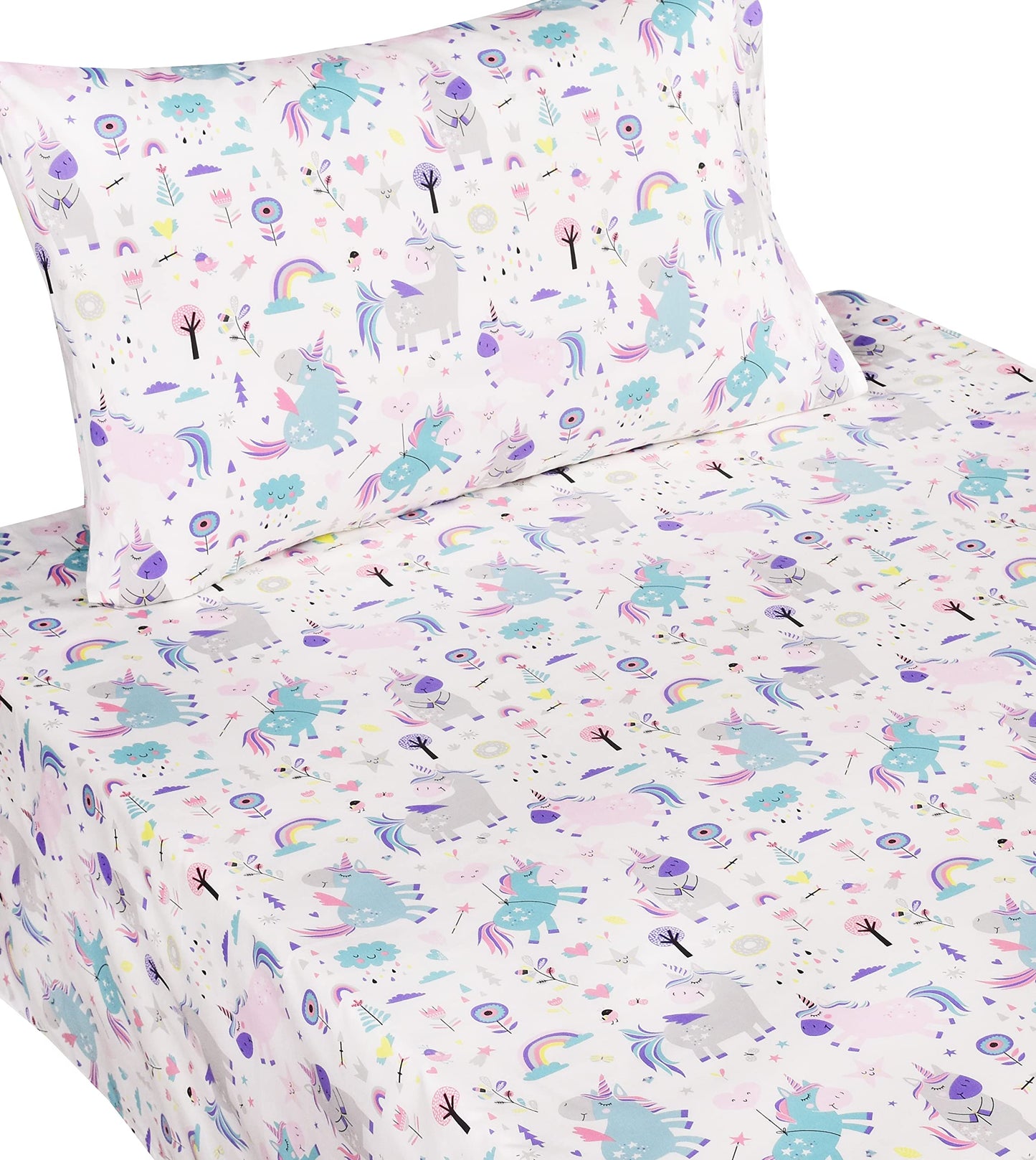Scientific Sleep Cute Unicorn Flower Rainbow 100% Cotton Cozy Twin Bed Sheet Set, Flat Sheet & Fitted Sheet & Pillowcase Natural Bedding Set (Unicorn, Twin)
