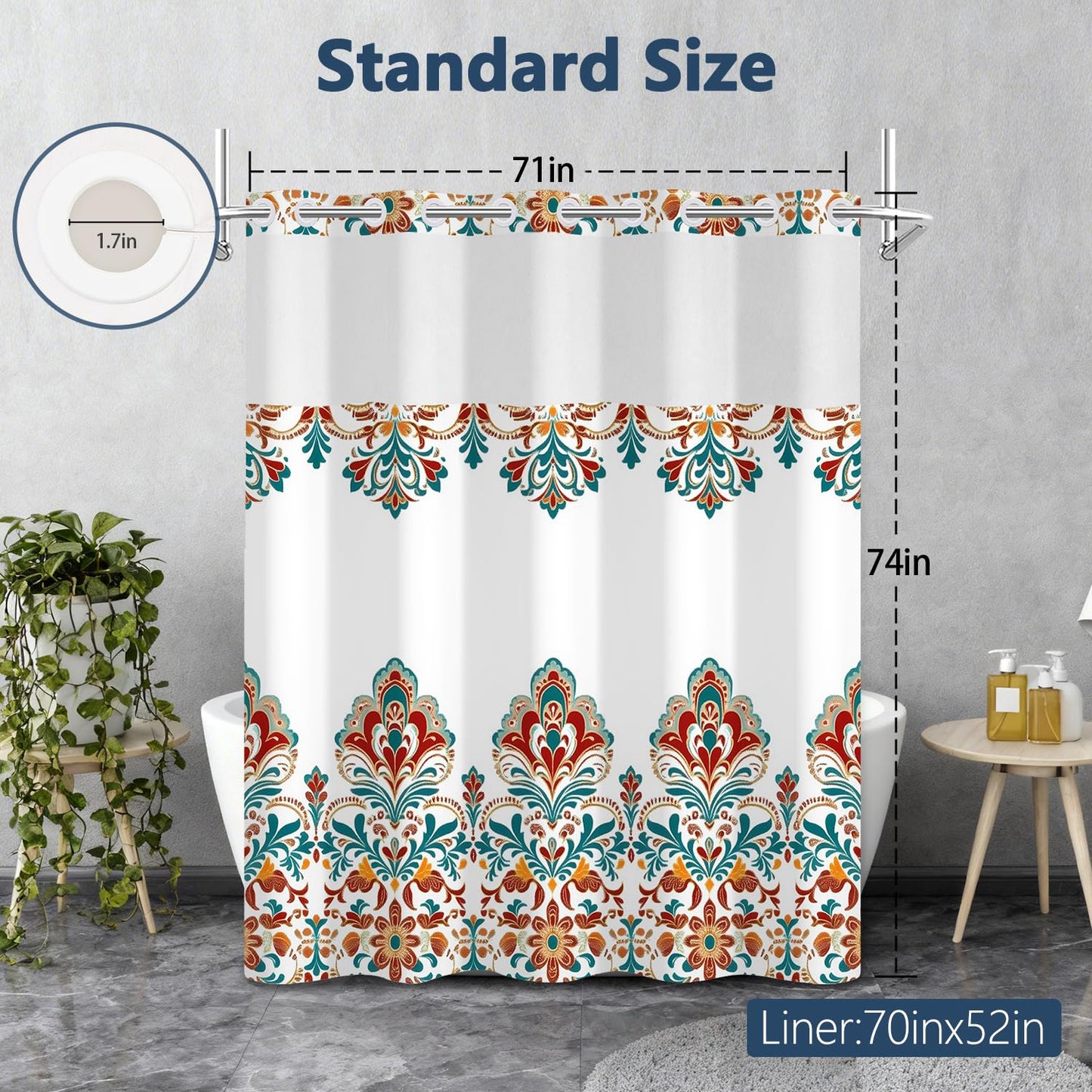 Boho Paisley Damask Shower Curtain with Snap in Liner, Vintage Bohemian Red Floral Exotic Bathroom Curtains, Double Layers Waterproof Fabric No Hook Shower Curtain and Weighted Hem, 71x74 Inch