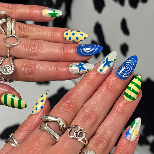 octoswave Long Almond Press on Nails Star and Swirl Design Colorful False Nails for Party and Travel 24Pcs