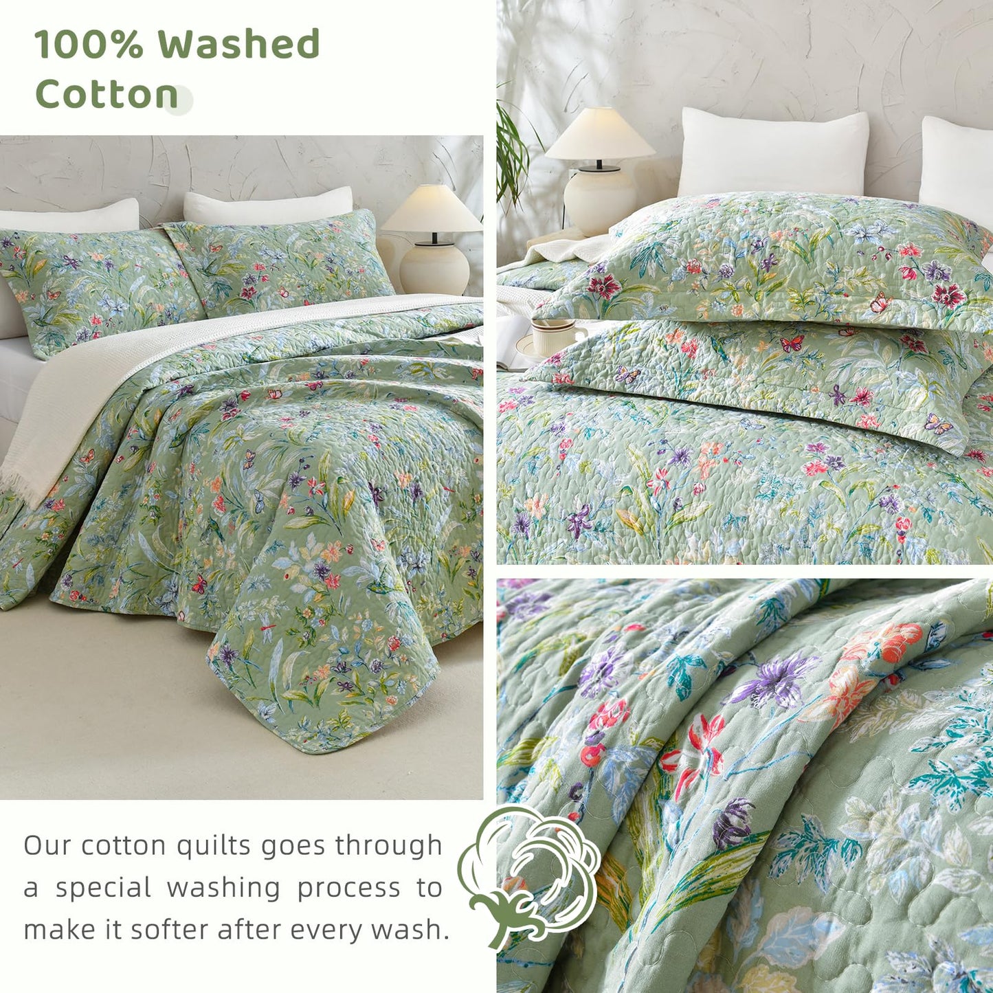 Sanracie Oversized King Bedspread(128"x120"),100% Cotton Green Floral Quilt Set 3Pcs Lightweight Flower Bird Butterfly Print Botanical Bedding Coverlet California King Size Extra Large Wide