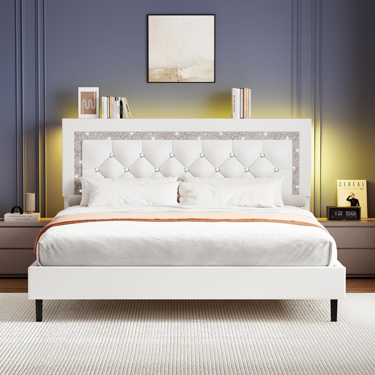 BarnFurin Queen Bed Frame with Storage Headboard, Bed Frame Queen Size with Diamond Tufted Headboard and LED Lights, Wooden Slats Support, Noise Free, No Box Spring Needed, Easy Assembly, White
