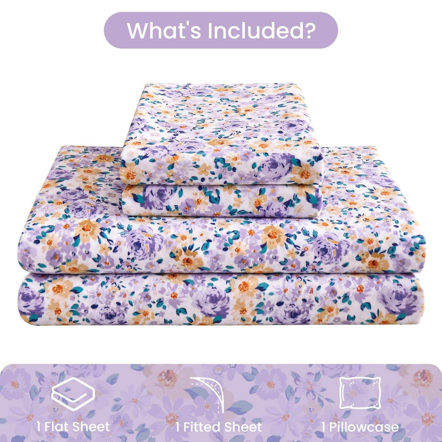 Mooreeke Floral Twin 3 Pieces Bed Sheets, Soft Microfiber Bedding Sheets & Pillowcases, Deep Pocket Non-Slip Vintage Twin Sheet, Purple Yellow Flower Pattern Bedsheets