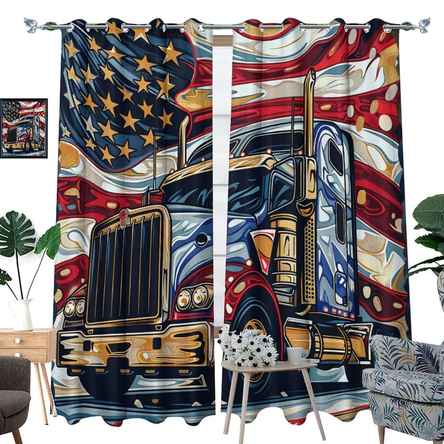 TOWINSFB American Flag Semi Truck Blackout Curtains for Bedroom/Living Room, Classic Vehicle USA Patriotic Grommet Curtains Thermal Insulated Window Drapes, 2 Panels, Each 21W x 63L