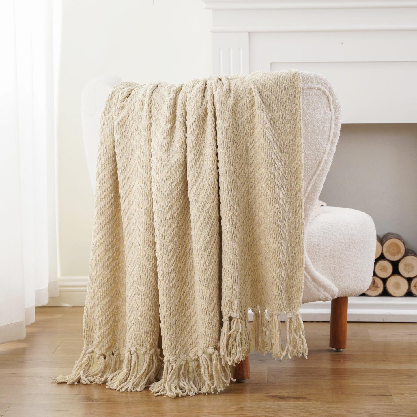 BATTILO HOME Beige Throw Blanket for Couch, Knitted Beige Throw for Bed, Neutral Throw Blankets Tan Throw Blanket for Room Decor Housewarming Gifts, 50" x 60"