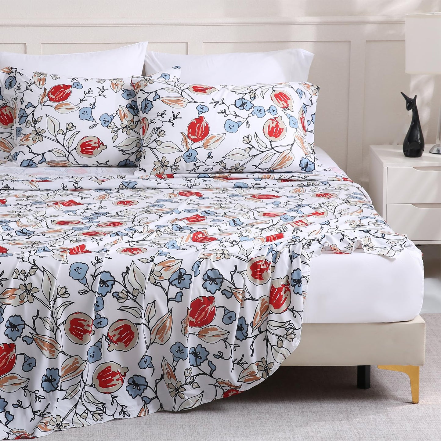 LONAVA Flower Queen Size 6 Pcs Sheet Set, Breathable Microfiber Deep Pocket White Fitted Sheets, Comfy & Breathable Patterned Flat Sheets,4 Gentle Soft Pillowcases, Red Bud