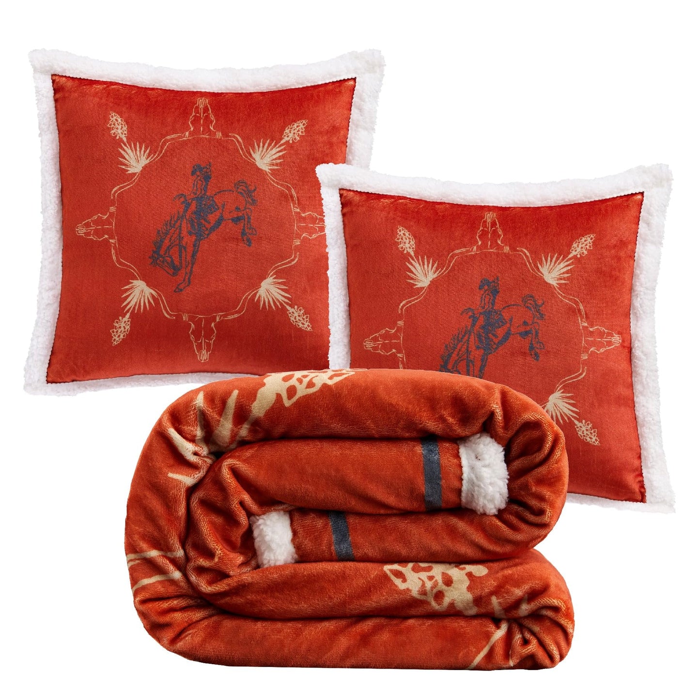 Indigo Hill by HiEnd Accents Marfa 3 Piece Sherpa Western Throw Blanket Set, Cowboy Horseshoe Arrow Print, Western Blanket with Bucking Bronco Print Pillows, Southwestern Style, 1 Throw and 2 Pillows
