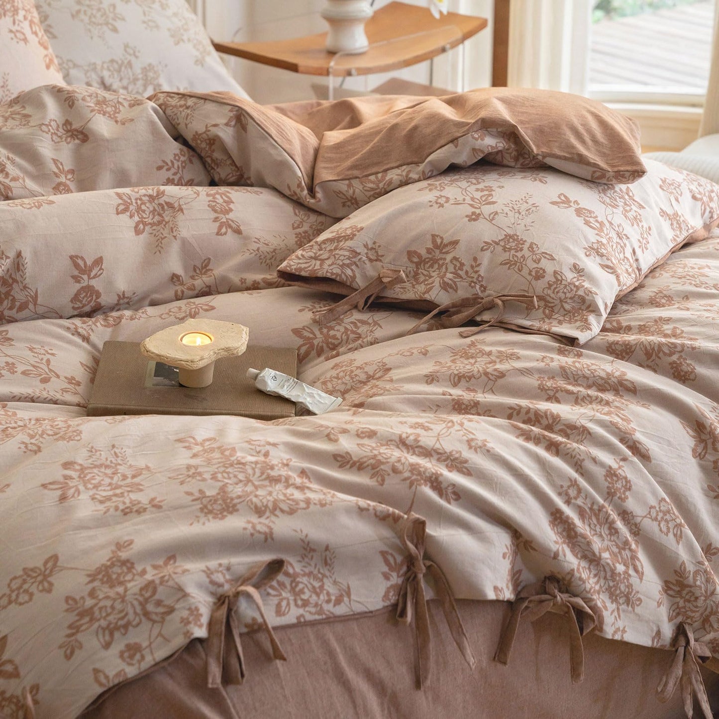 VM VOUGEMARKET Chic Floral Duvet Cover Queen,Yarn-Dyed Cotton Jacquard Textured Duvet Cover with Bowknot Retro Monet Style Bedding Set-90"x90",Pumpkin