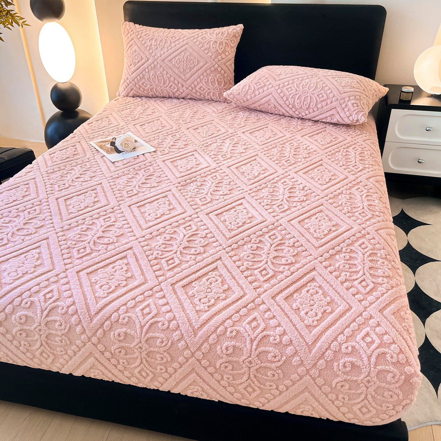 ZIQINPSQ Taffeta Velvet Jacquard Queen Fitted Sheet - Luxury Bedding - Ultra-Soft, Quick-Heat, Anti-Static, 360° Mattress Protector, Pink, No Pillowcases