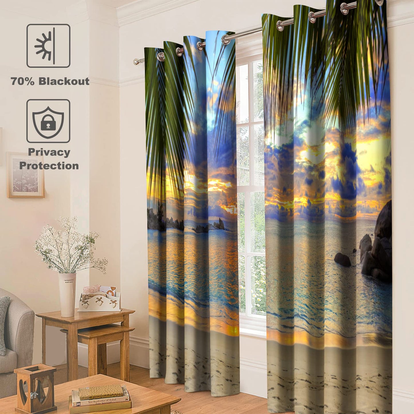 Jekeno Beach Sunset Blackout Curtains - Room Darkening Grommet Window Drapes Sunset Hawaiian Ocean Beachy Tropical Palm Tree Print Decor House Home Bedroom Living Room 2 Panel Set,42x54 in