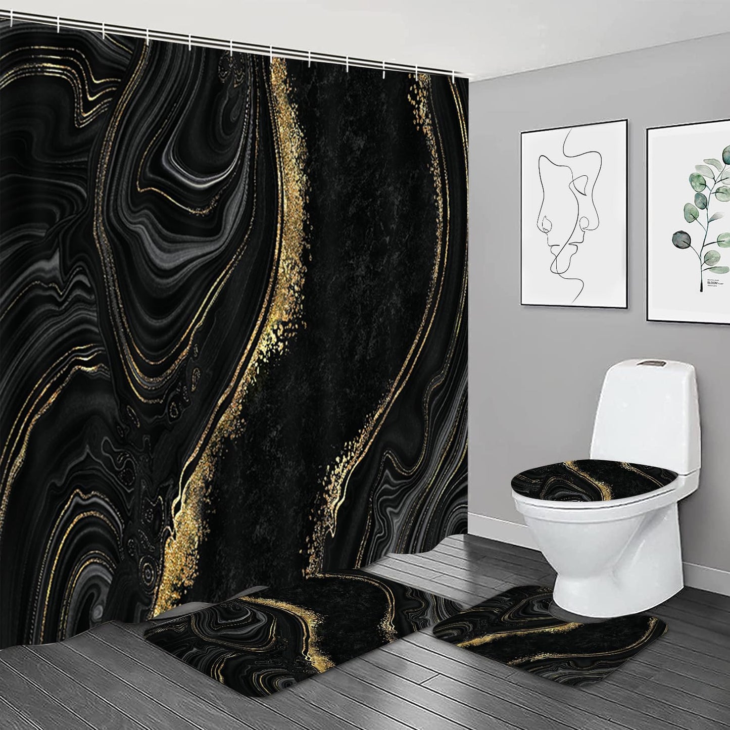 NBVKO 4Pcs Black Gold Marble Shower Curtain Sets with Rugs Bathroom Sets with Shower Curtain and Rugs Modern Abstract Bathroom Decor Accessories Shower Curtains for Bathroom Toilet Lid Cover