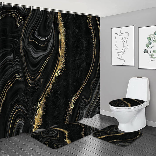NBVKO 4Pcs Black Gold Marble Shower Curtain Sets with Rugs Bathroom Sets with Shower Curtain and Rugs Modern Abstract Bathroom Decor Accessories Shower Curtains for Bathroom Toilet Lid Cover