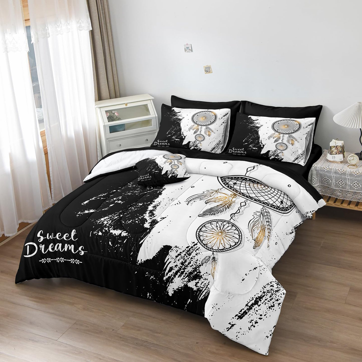 Bedbay Dream Catcher Comforter Set 8 Pieces King Size Comforter with Sheets Mandala Boho Bedding Soft Quilt Set Abstract Marble Texture Black White Queen Bed in a Bag for Boys Girls Teen Adults