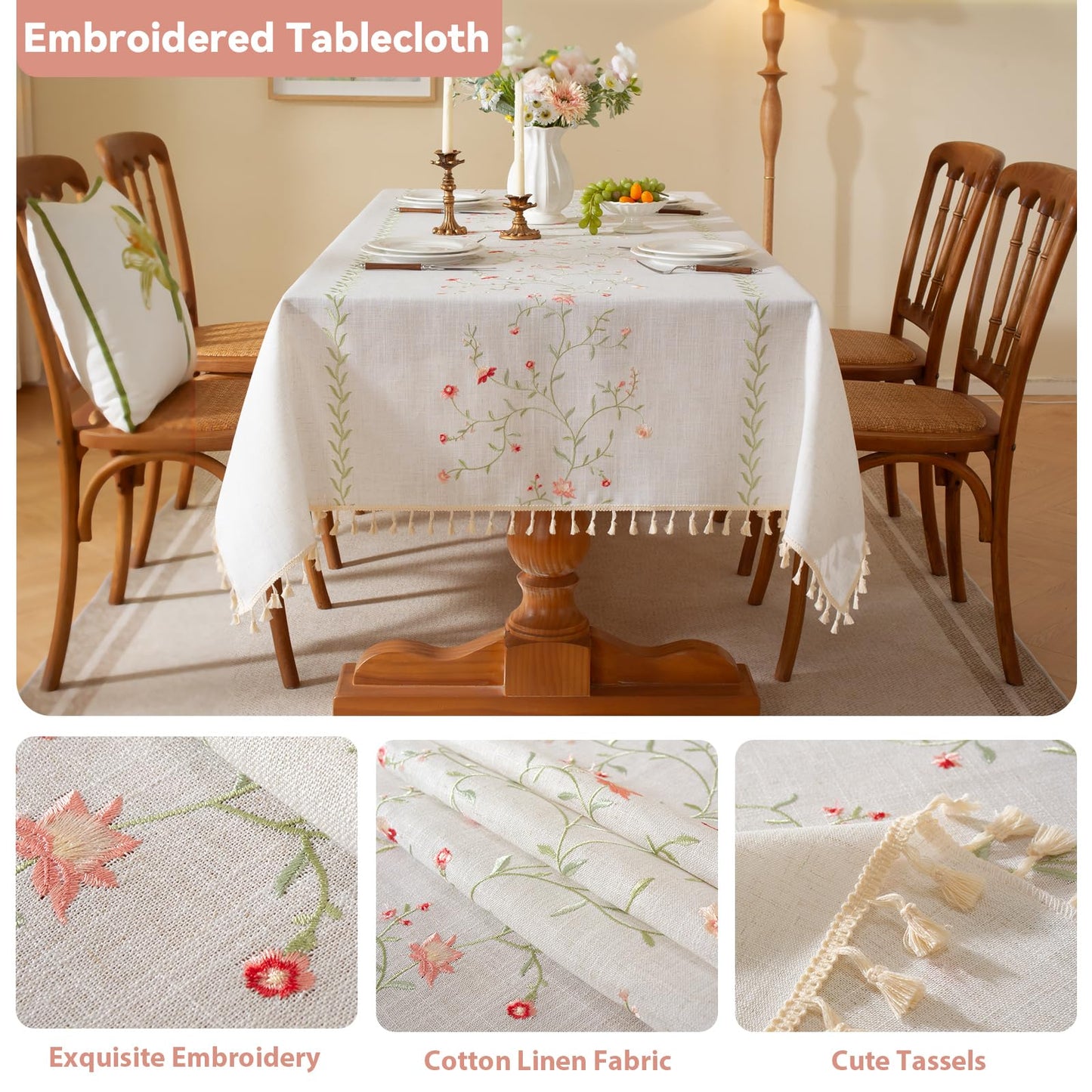 Laolitou Summer Pink Floral Table Cloth Rectangle Table, Embroidery Heavy Duty Cotton Linen Tablecloth, Farmhouse Rustic Waterproof Wrinkle Free Tablecloths with Tassels, Pink Flower, 55×75 Inch