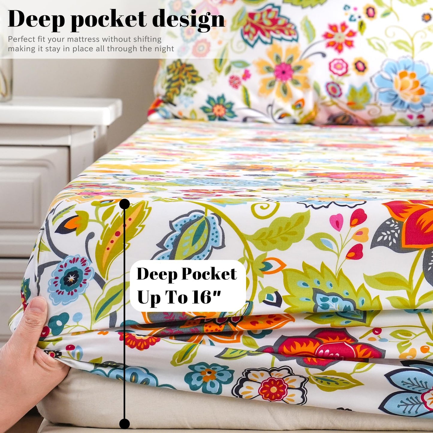 Bedlifes King Sheet Set Ultra Soft, Breathable, Silky Flower Deep Pocket 100% Microfiber Bedding, 4 Piece King Size with Floral Spring Design