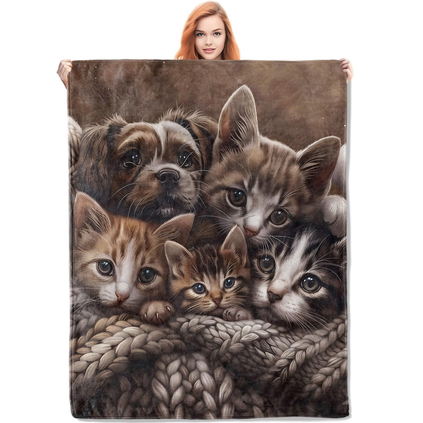 VANZEV Cuddly Kittens and Puppy Blanket Gifts for Women, Cat and Dog Flannel Blanket, Soft Warm Lightweight Throw Blankets for Bed Couch Home Travel Decor 50" x 60"