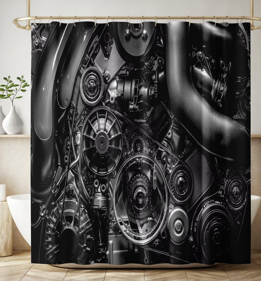 JADERYS Vintage Cars Shower Curtain Black Retro Car Engine Art Print Waterproof Bath Curtain for Bathroom Decor with 12 Hooks 66x72 Inch