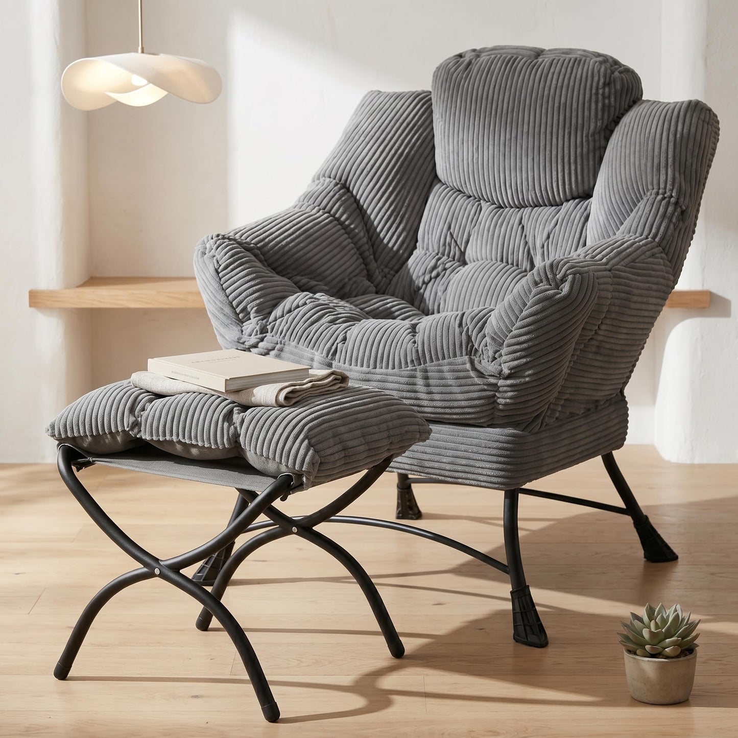 XUOXFUTZIG Lazy Chair with Ottoman, Oversized Comfy Accent Chair, 400LBS Heavy Duty Metal Frame, Thick Cushion Corduroy Lounge Chair for Living Room Bedroom Reading, Dark Gray