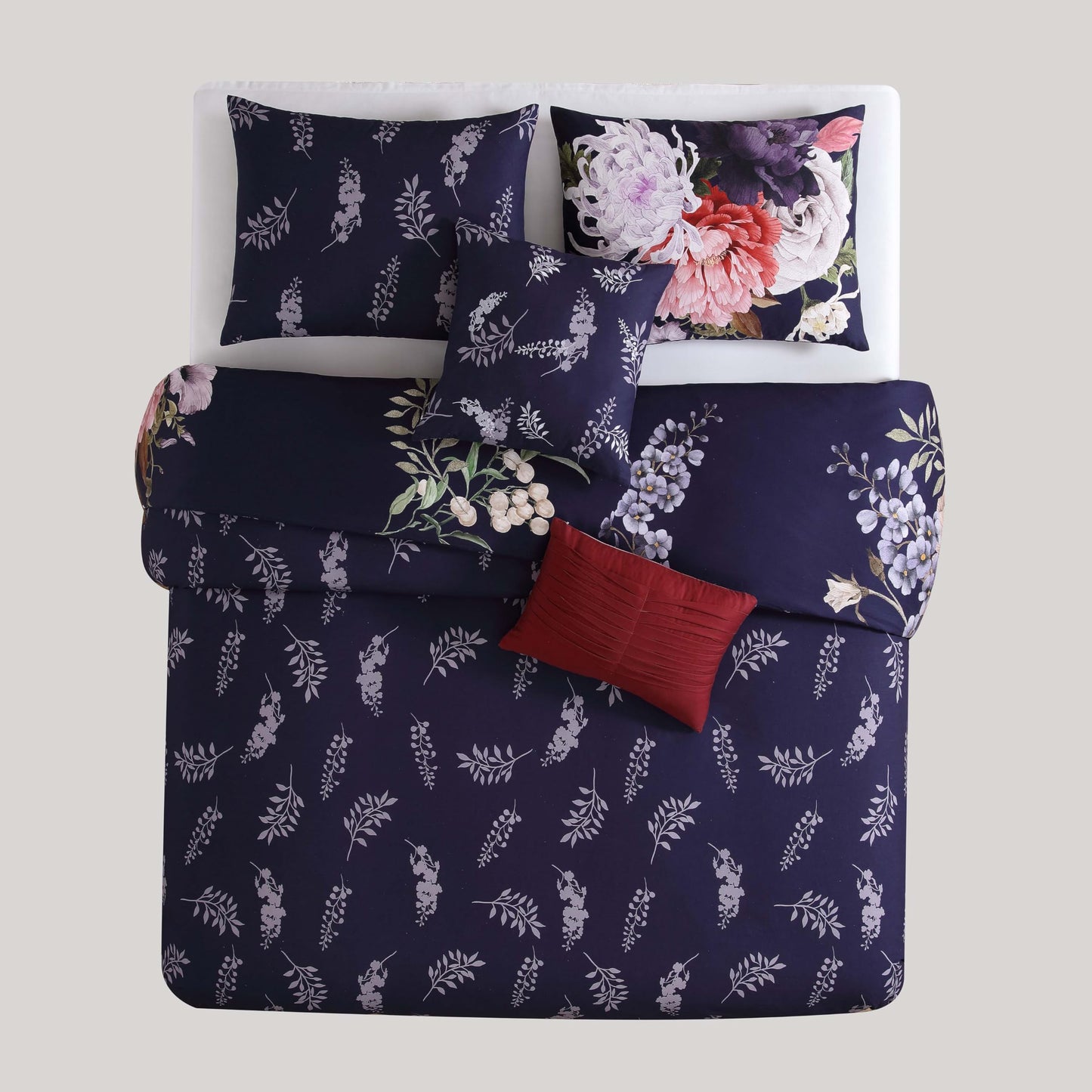 Bebejan Deep Purple Garden 5 Piece Comforter Set, 100% Cotton Sateen, 200 Thread Count, Floral Reversible Bedding Comforter Set, 1 Comforter, 2 Shams & 2 Pillows (King/Cal King)