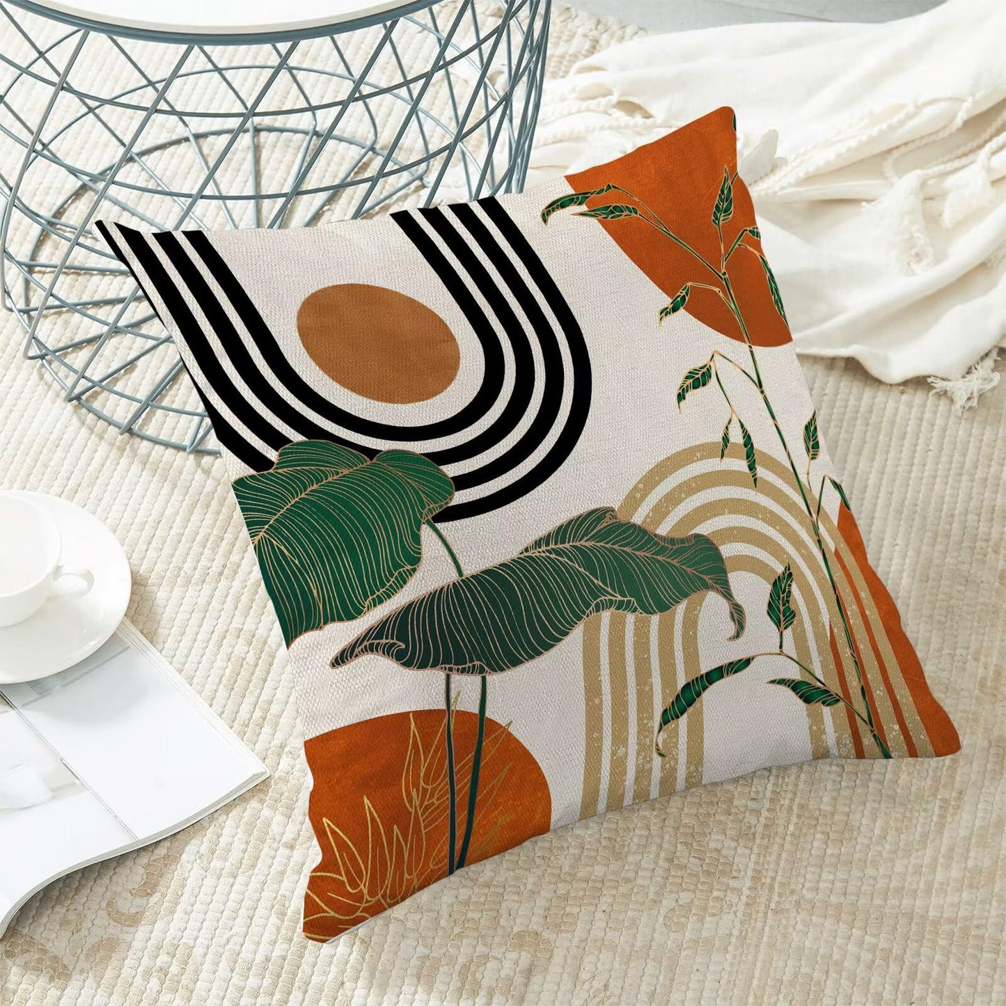 AEIOAE Burnt Orange Boho Pillow Covers 16 x 16 Set of 2 Minimalist Tropical Retro Mid Century Decorative Throw Pillow Abstract Outdoor Linen Square Farmhouse Cushion Cover for Home Couch Sofa