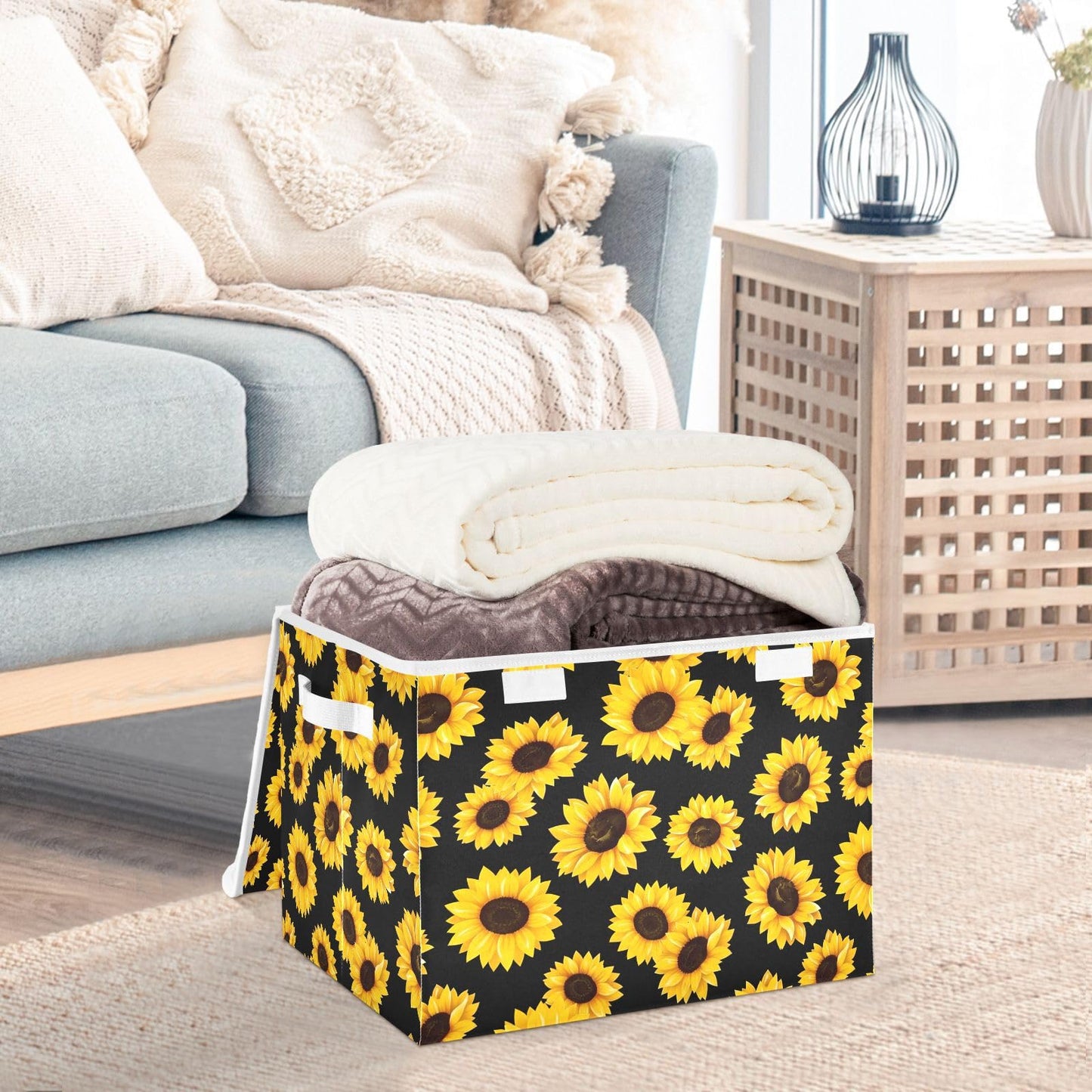 Large Collapsible Storage Bins with Lids, Sunflower Black Storage Baskets Organizer Containers with Handles for Clothes