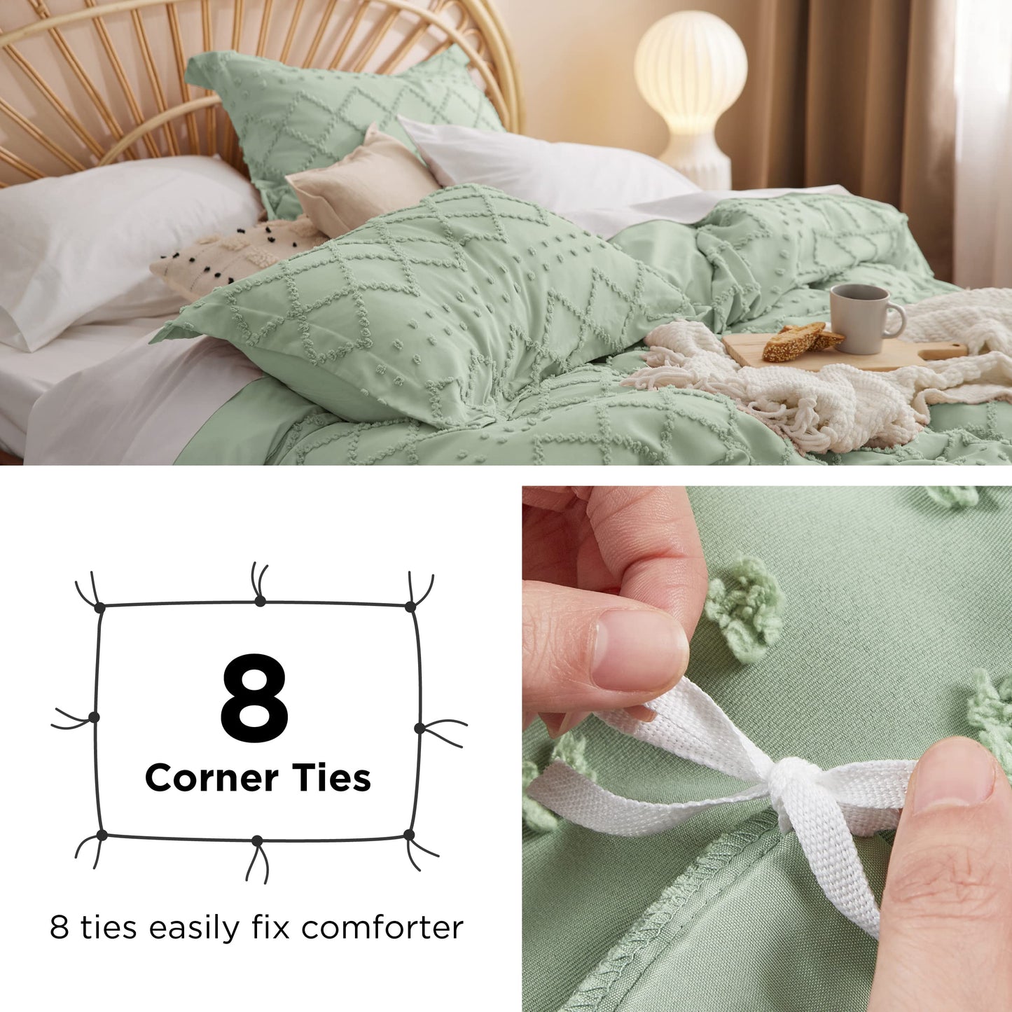 Bedsure Boho Duvet Cover Queen Size - Sage Green Breathable & Soft Boho Bedding, Machine Washable Comforter Cover for All Seasons, Includes 1 Duvet Cover 90"x90" with 2 Pillow Shams & Zipper Closure