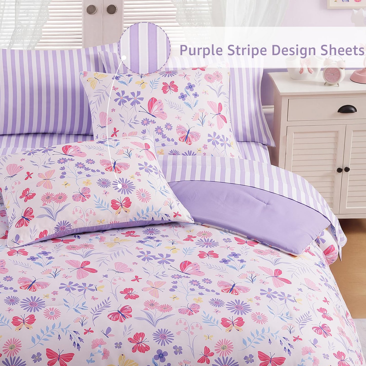 AMBERSPACE Twin XL Comforter Set for Girls, Butterfly Botanical Flowers Bedding Set, All Season Kids Bed in a Bag Dorm 5 Pieces with Sheets, Pillowcase & Sham