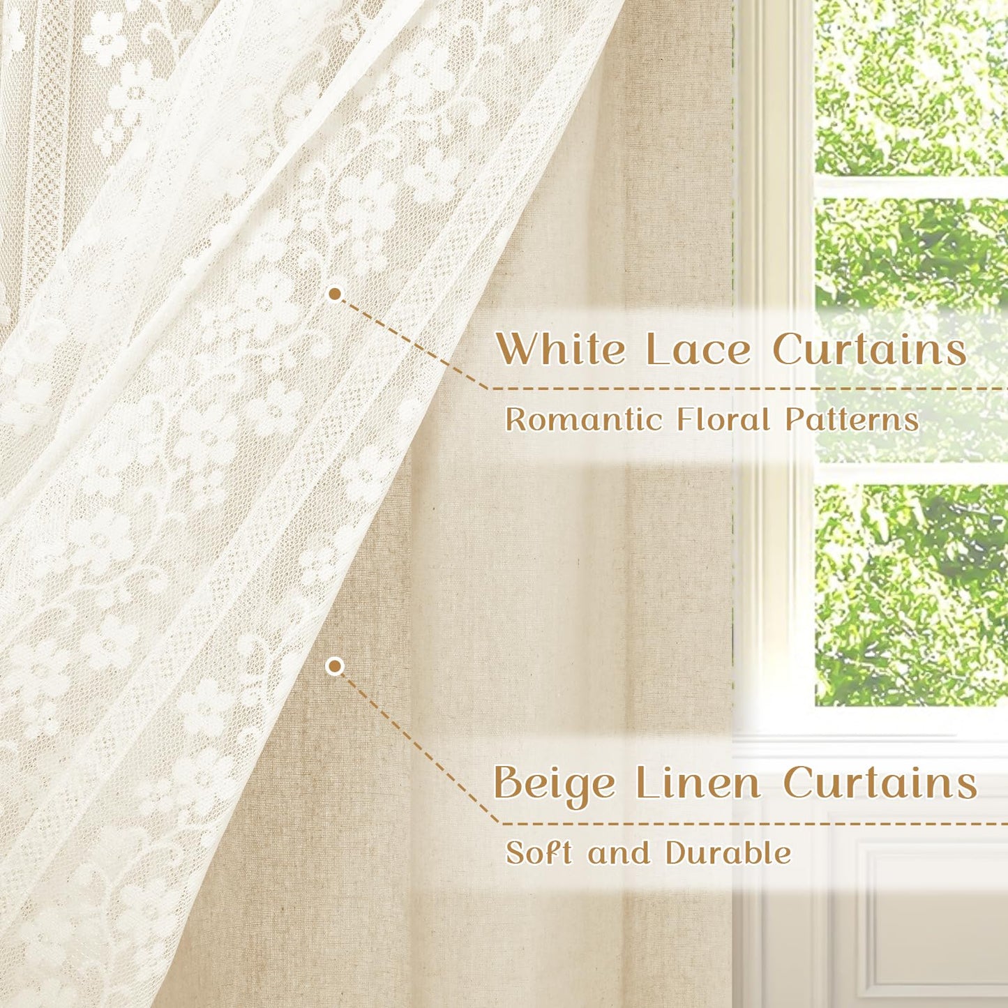 ASPMIZ Linen Kitchen Curtains 36 Inch Length, Double Layered Window Curtain 2 Panel Sets Rod Pocket Short Curtains for Kitchen, Farmhouse Window Treatment Tiers for Bathroom, Cafe, Beige