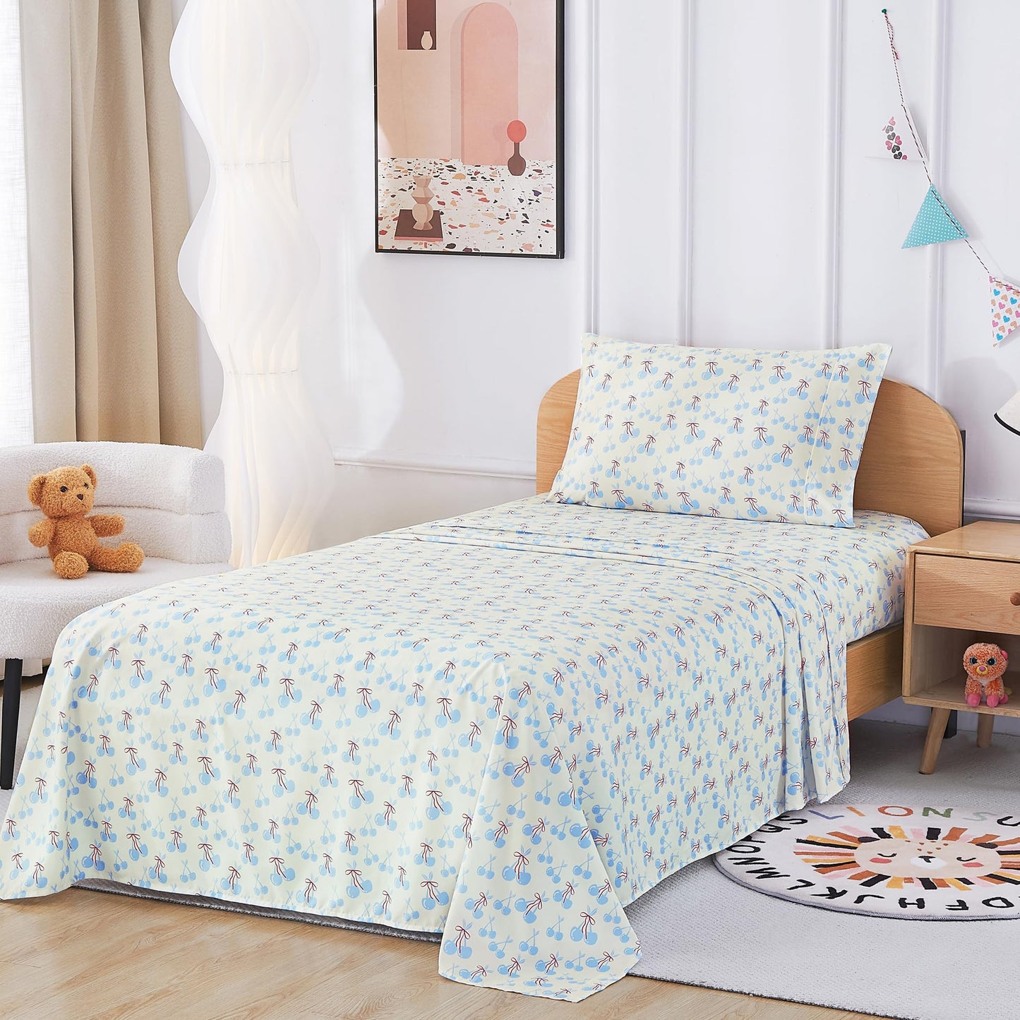 lasoftan Kids Sheet Set Twin Size, Twin Sheet Set with Blue Cherry Pattern，Breathable Silky Soft Microfiber Kids Fitted Sheet