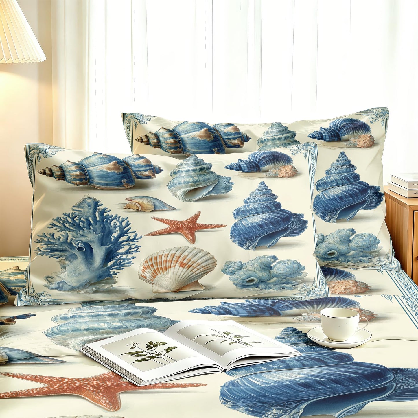 Seashell Bedding Set 4 Pcs Blue and White Coastal Queen Sheets