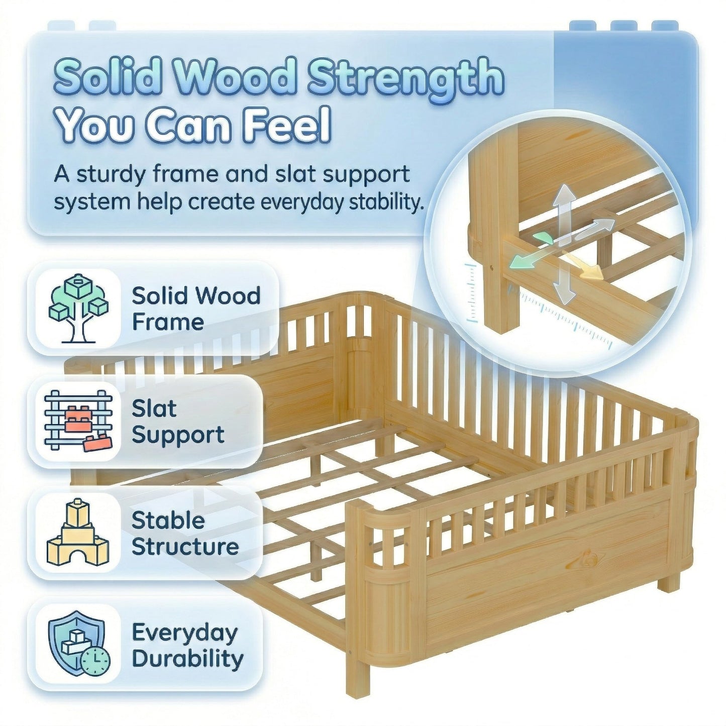 Duxelifin Queen Bed Frame for Kids with Rails, Low Profile Montessori Queen Bed with Detachable Side Rail, Solid Pine Wood Kids Daybed with Headboard, Footboard & Slat Support for Boys Girls, Natural